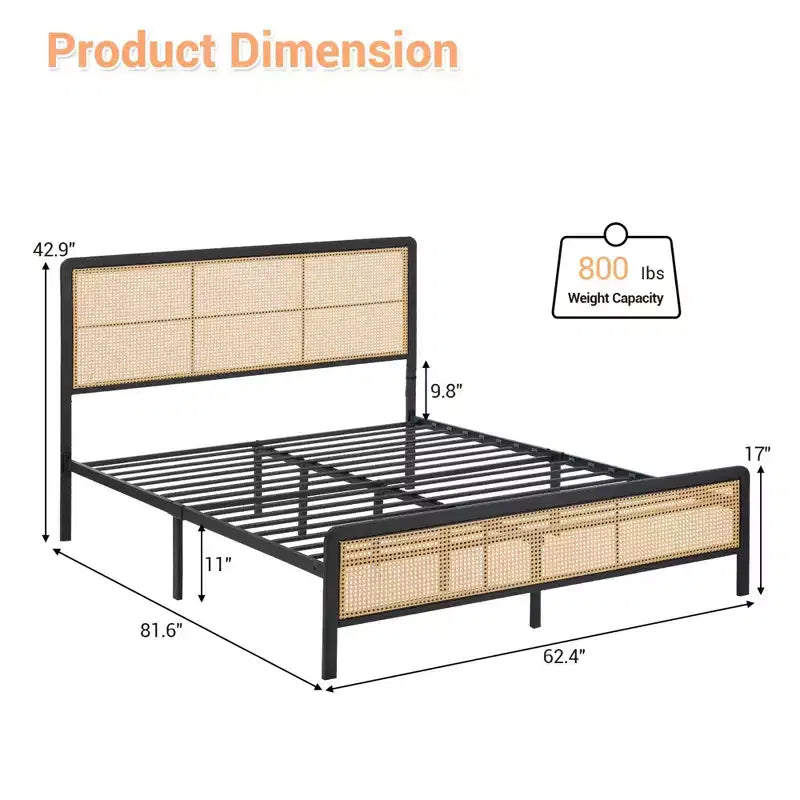 Queen Size Rattan Bed Frame with LED Light Strip and Under-Bed Storage