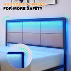Cadre de lit Queen Size en rotin avec bande lumineuse LED et rangement sous le lit