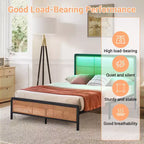 Cadre de lit Queen Size en rotin avec bande lumineuse LED et rangement sous le lit