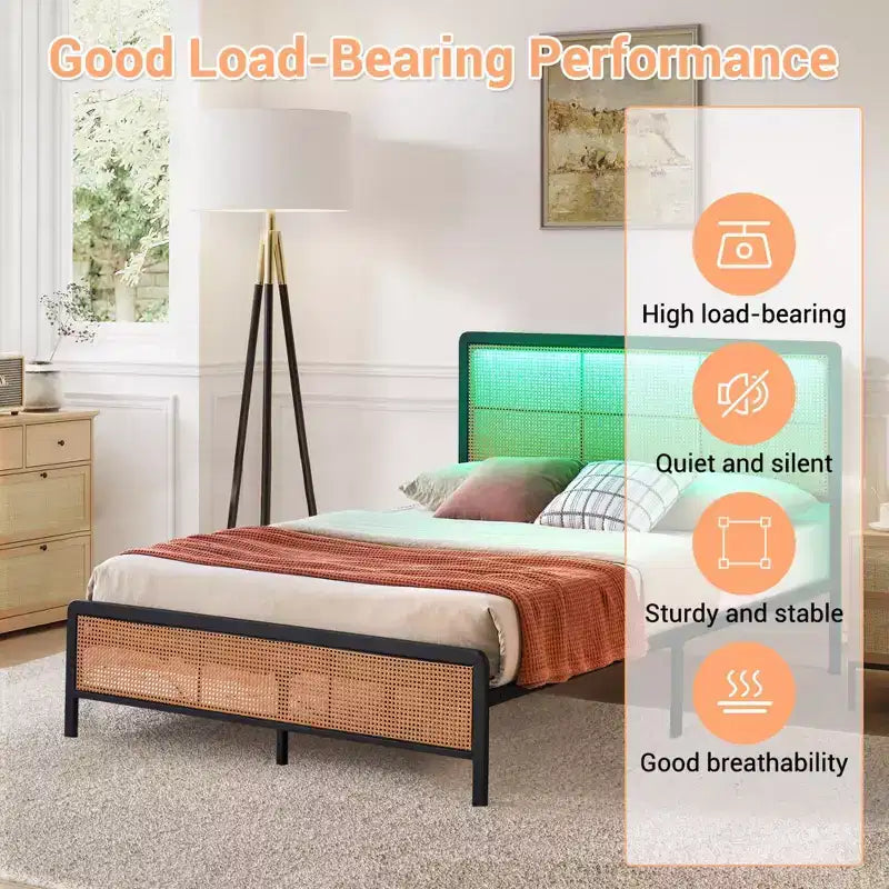 Queen Size Rattan Bed Frame with LED Light Strip and Under-Bed Storage