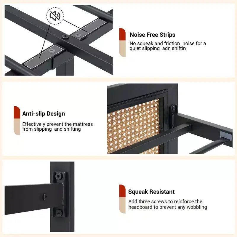 Queen Size Rattan Bed Frame with LED Light Strip and Under-Bed Storage