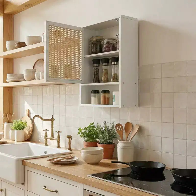 Wall Mount Bamboo Bathroom Cabinet with Rattan Doors - Over Toilet Storage
