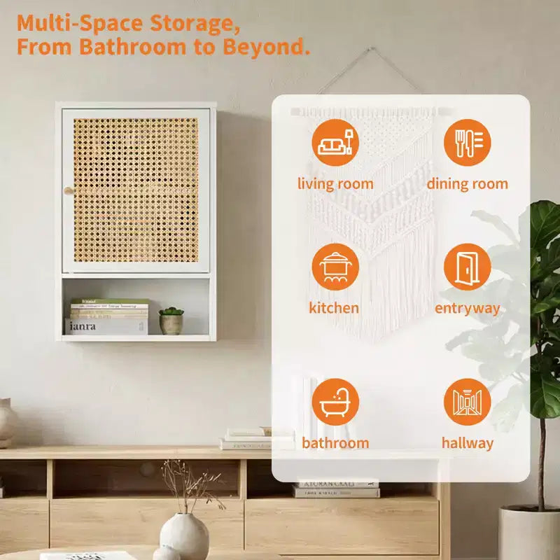 Wall Mount Bamboo Bathroom Cabinet with Rattan Doors - Over Toilet Storage