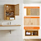Meuble haut de salle de bain mural en bambou avec portes en rotin – Rangement au-dessus des toilettes