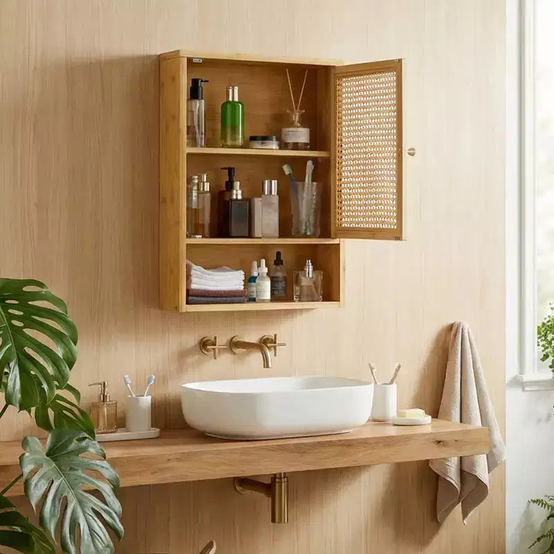 Wall Mount Bamboo Bathroom Cabinet with Rattan Doors - Over Toilet Storage