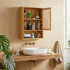 Meuble haut de salle de bain mural en bambou avec portes en rotin – Rangement au-dessus des toilettes