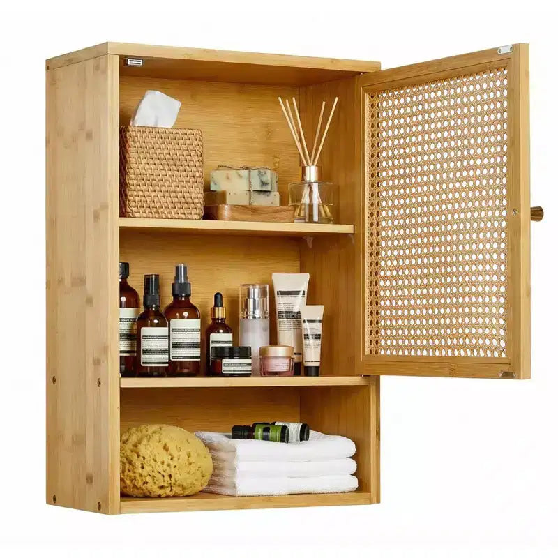 Wall Mount Bamboo Bathroom Cabinet with Rattan Doors - Over Toilet Storage