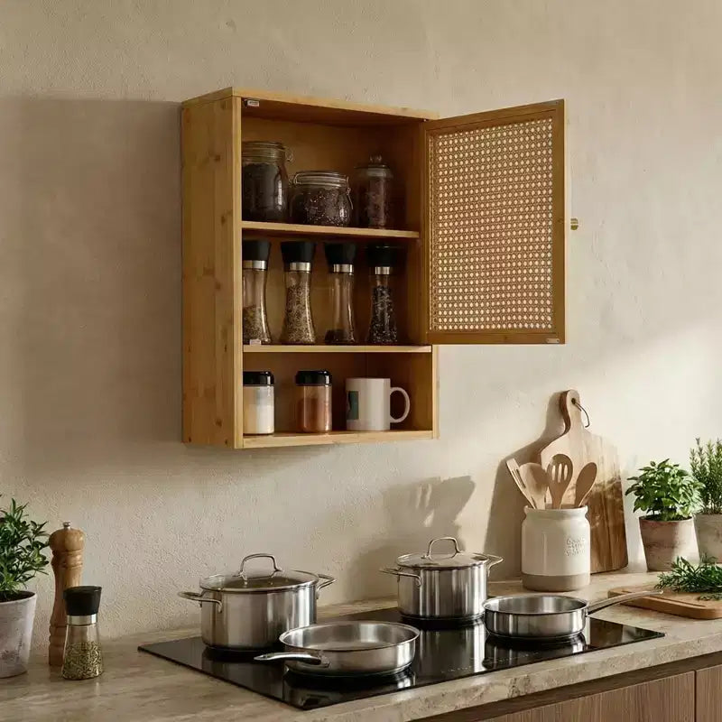 Wall Mount Bamboo Bathroom Cabinet with Rattan Doors - Over Toilet Storage