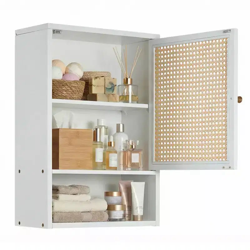 Wall Mount Bamboo Bathroom Cabinet with Rattan Doors - Over Toilet Storage
