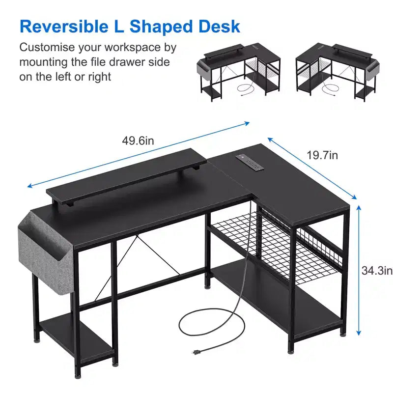 L Shaped Corner Gaming Desk with LED Lights & Power Outlet