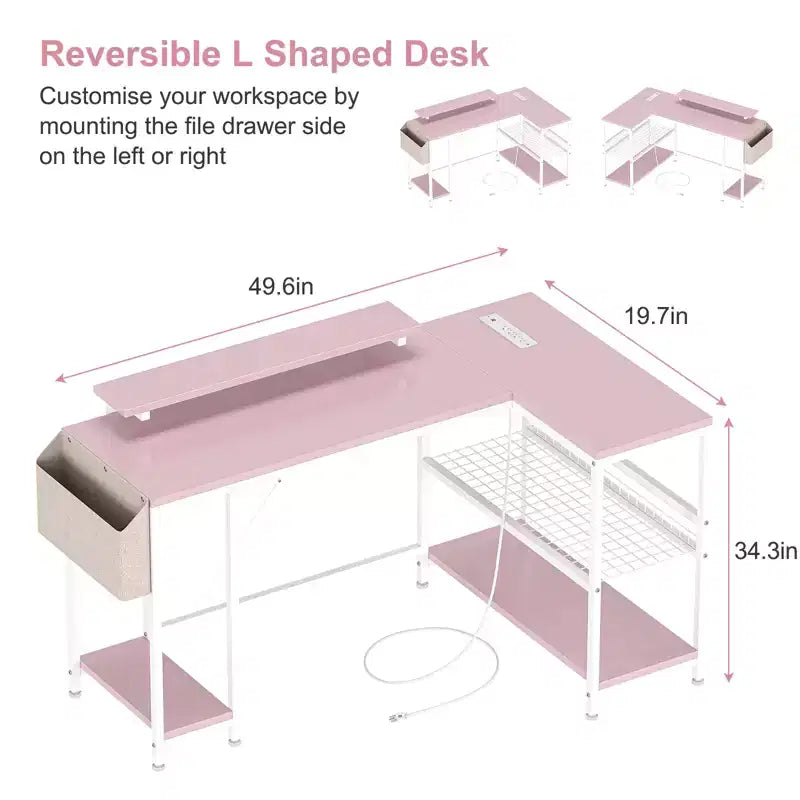 L Shaped Corner Gaming Desk with LED Lights & Power Outlet
