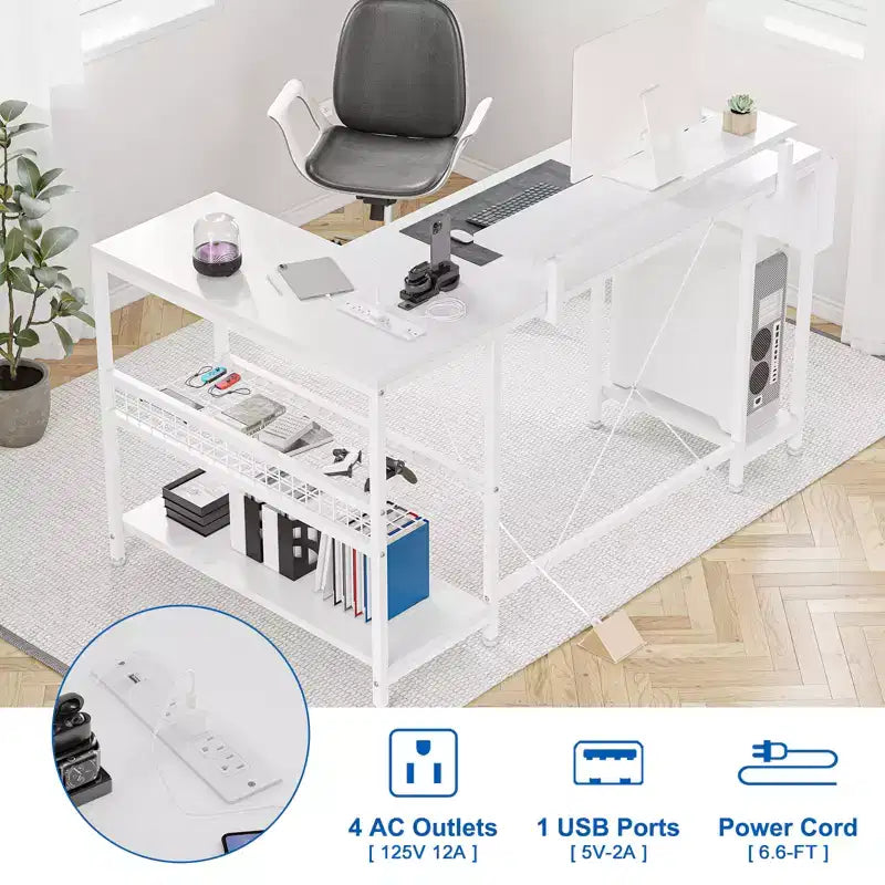 L Shaped Corner Gaming Desk with LED Lights & Power Outlet