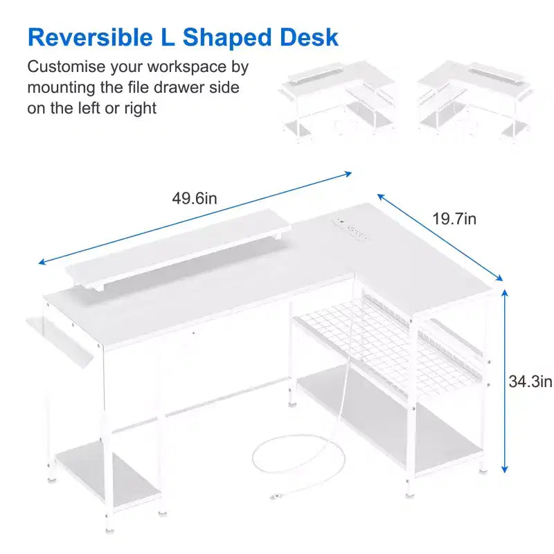 L Shaped Corner Gaming Desk with LED Lights & Power Outlet