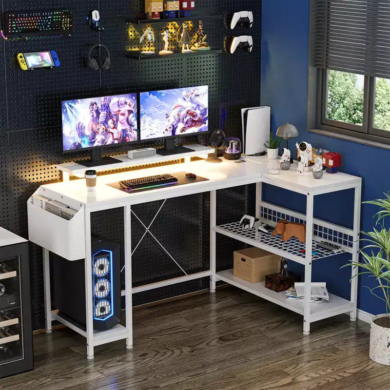 L Shaped Corner Gaming Desk with LED Lights & Power Outlet