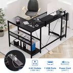 Bureau de jeu d'angle en L avec lumières LED et prise de courant