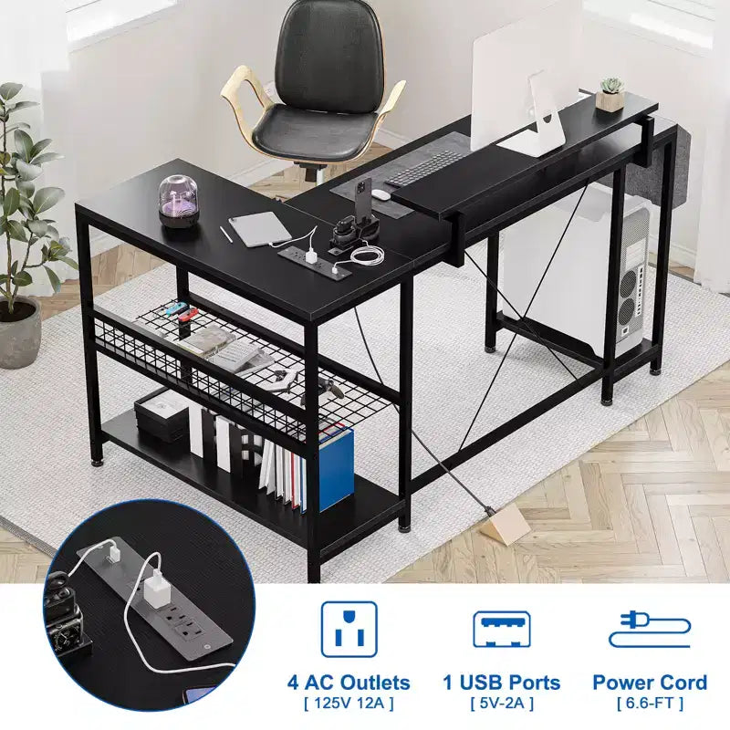 L Shaped Corner Gaming Desk with LED Lights & Power Outlet