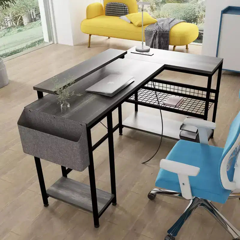 L Shaped Corner Gaming Desk with LED Lights & Power Outlet