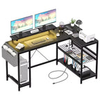 L Shaped Corner Gaming Desk with Lights, Power Outlet & Storage, Small Computer Desk with Monitor Stand & Storage Shelves