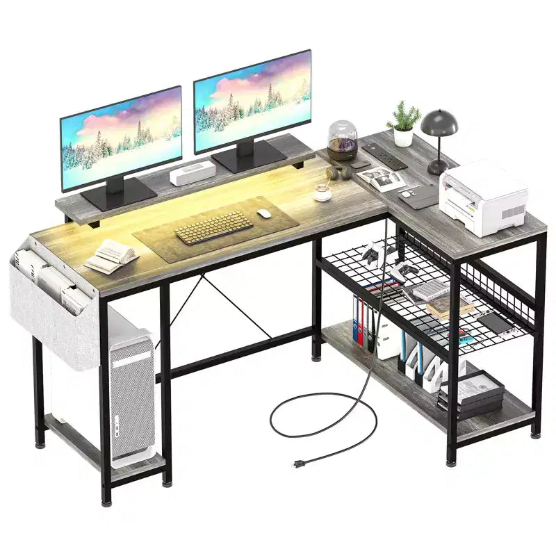 L Shaped Corner Gaming Desk with LED Lights & Power Outlet