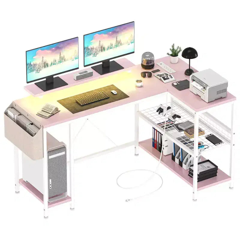 L Shaped Corner Gaming Desk with LED Lights & Power Outlet