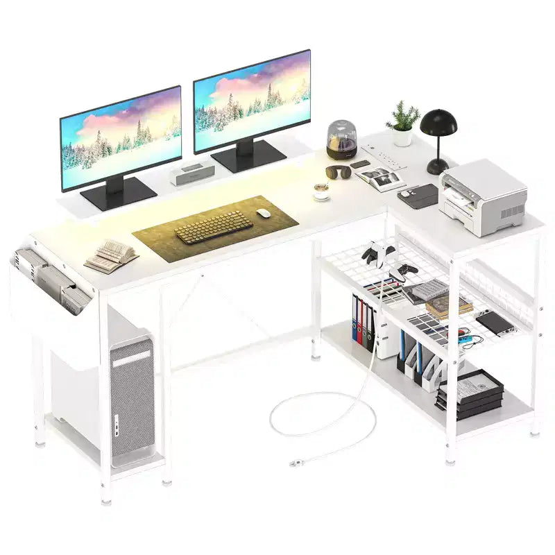 L Shaped Corner Gaming Desk with LED Lights & Power Outlet