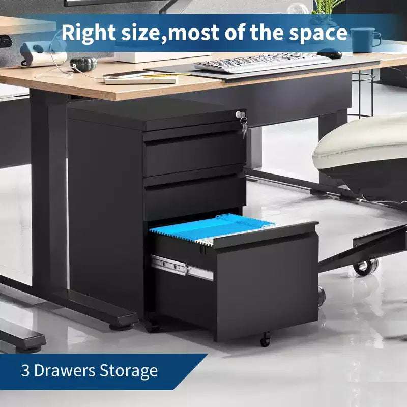 3-Drawer Metal File Cabinet with Lock and Wheels
