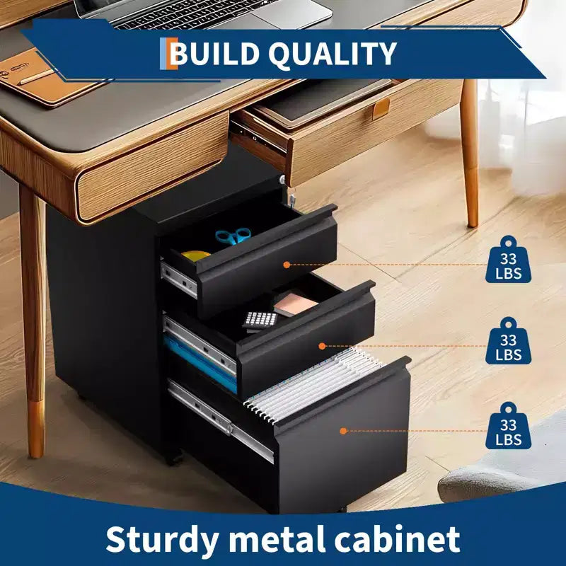 3-Drawer Metal File Cabinet with Lock and Wheels