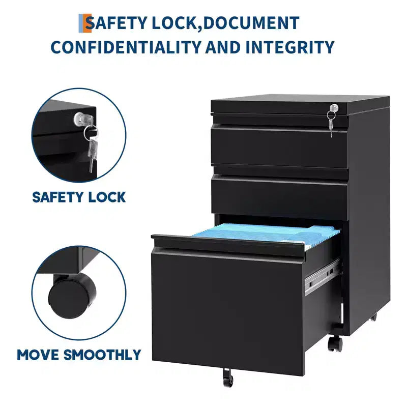 3-Drawer Metal File Cabinet with Lock and Wheels