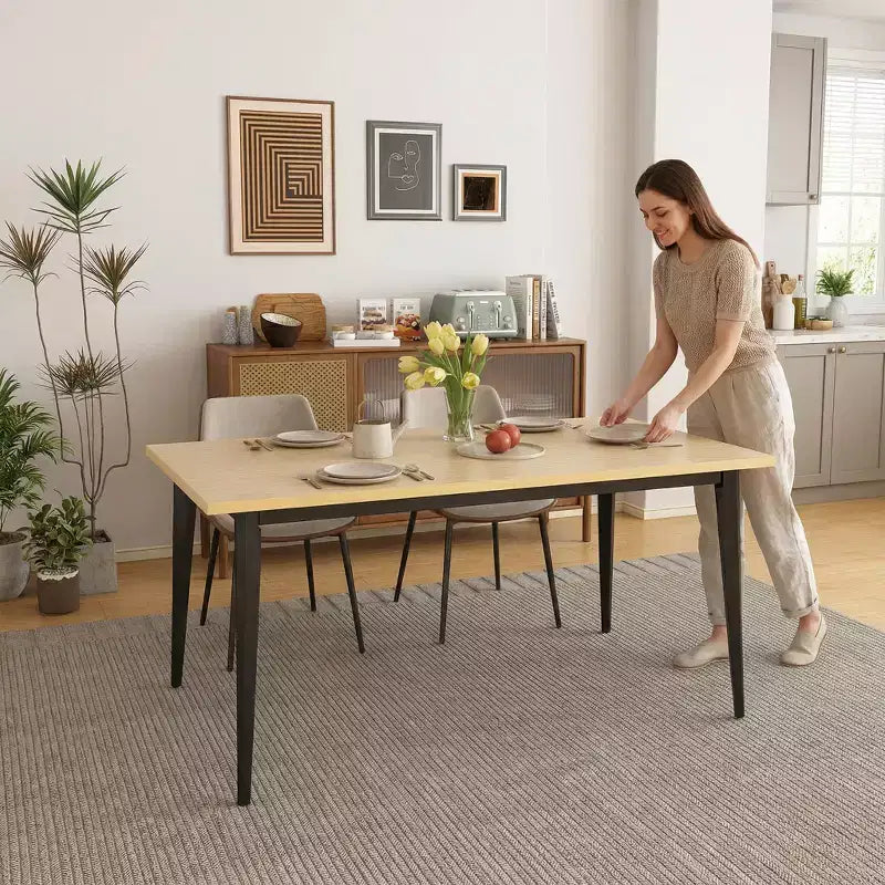 Rectangle Dining Table for 6 - MDF Tabletop with Metal Legs, Brown/Black