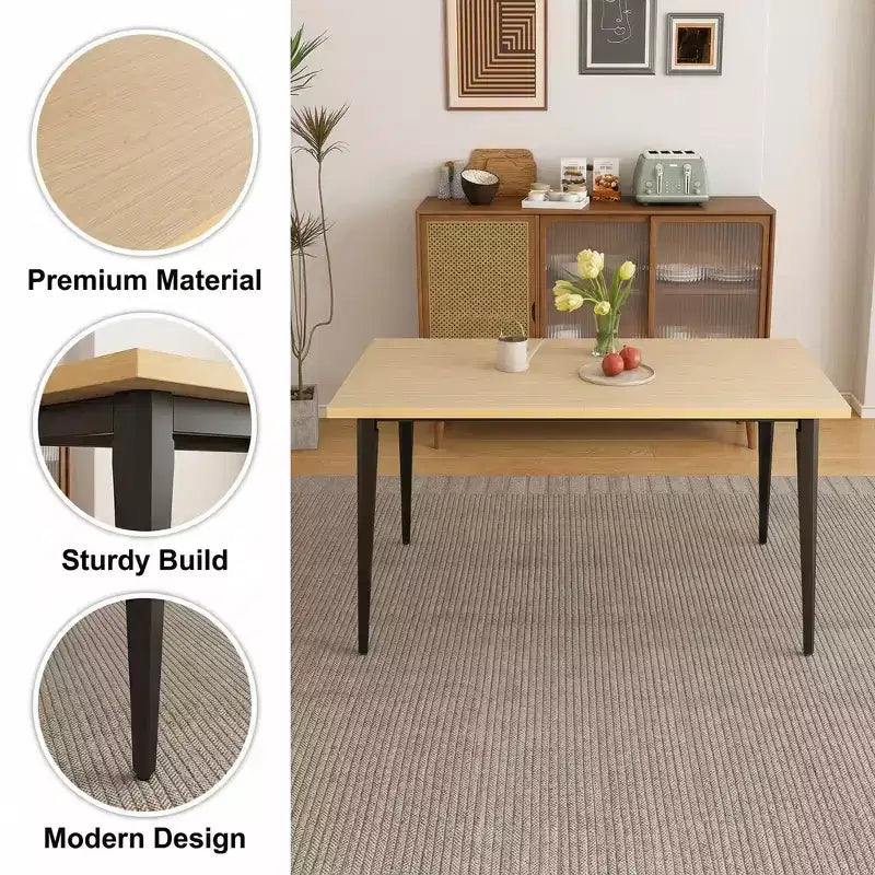 Rectangle Dining Table for 6 - MDF Tabletop with Metal Legs, Brown/Black