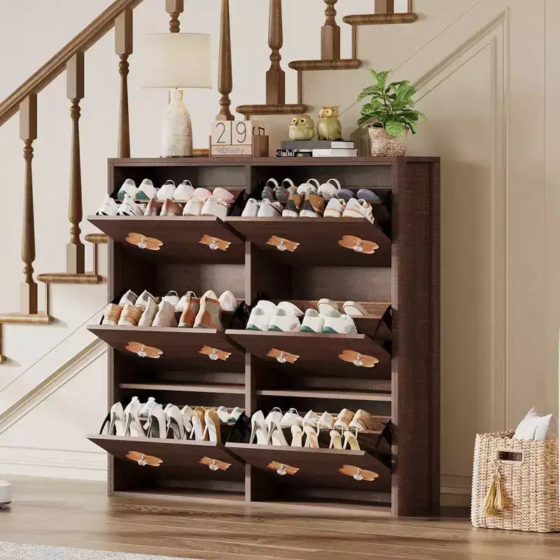 Wooden Shoe Cabinet with 6 Flip Drawers and Adjustable Shelves for Entryway