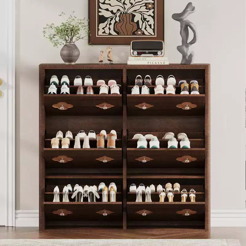 Wooden Shoe Cabinet with 6 Flip Drawers and Adjustable Shelves for Entryway