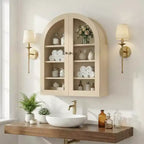 Arched Wall Mounted Bathroom Cabinet with Glass Doors, Rustic Wood Medicine Cabinet with Adjustable Shelves, Over Toilet Storage Cabinet for Bathroom