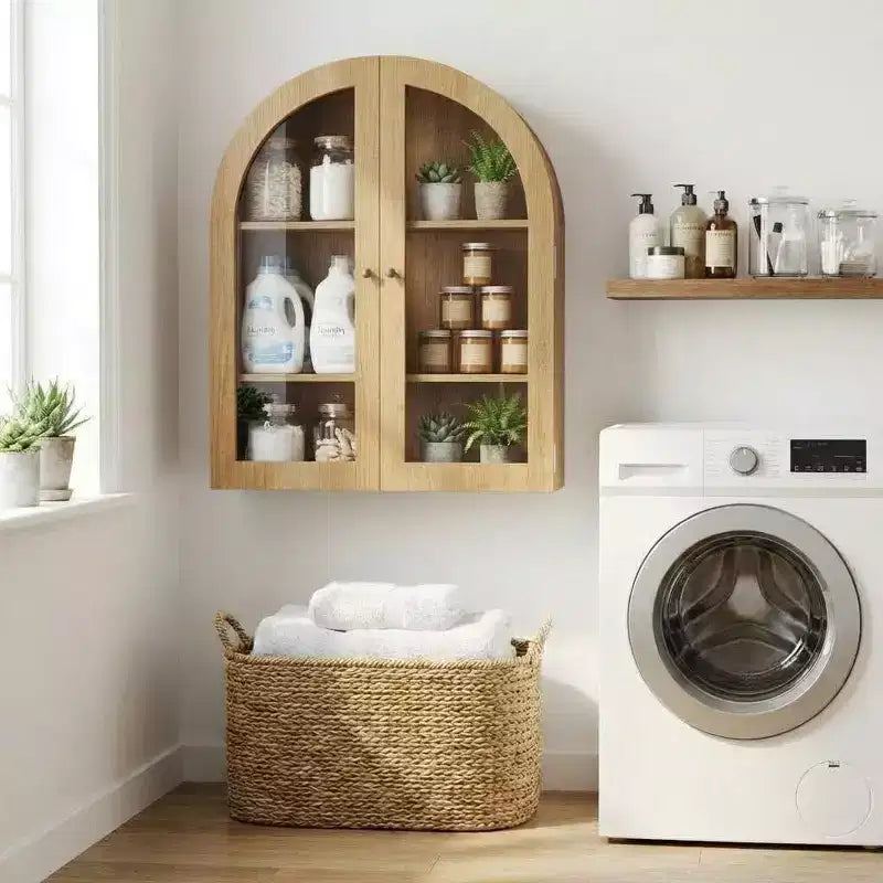Arched Wall Cabinet with Glass Doors and Adjustable Shelves