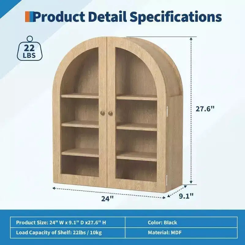 Arched Wall Cabinet with Glass Doors and Adjustable Shelves