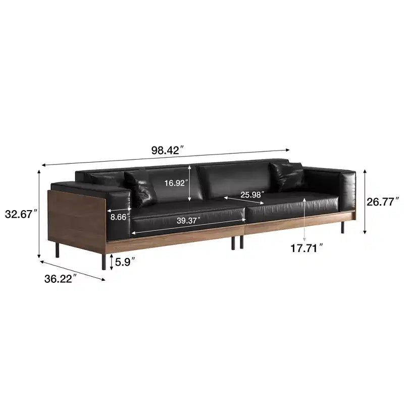 98" Modern Faux Leather Sofa Couch with Solid Wood Frame, Metal Legs and 3 Accent Pillows