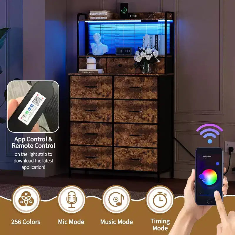 11-Drawer Fabric Dresser with Charging Station and LED Lights