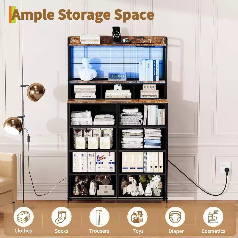 11-Drawer Fabric Dresser with Charging Station and LED Lights