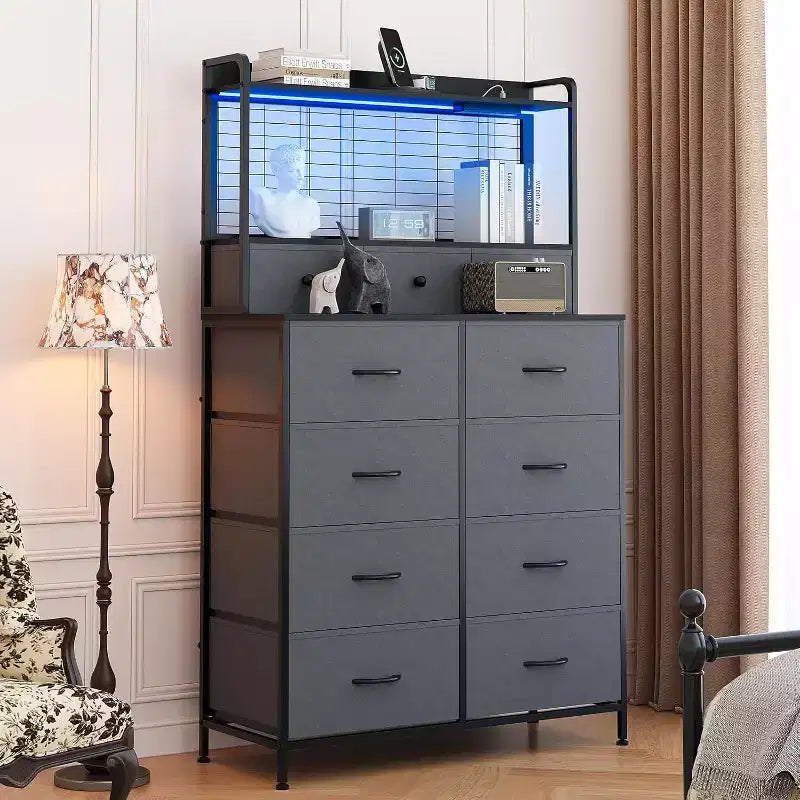 11-Drawer Fabric Dresser with Charging Station and LED Lights