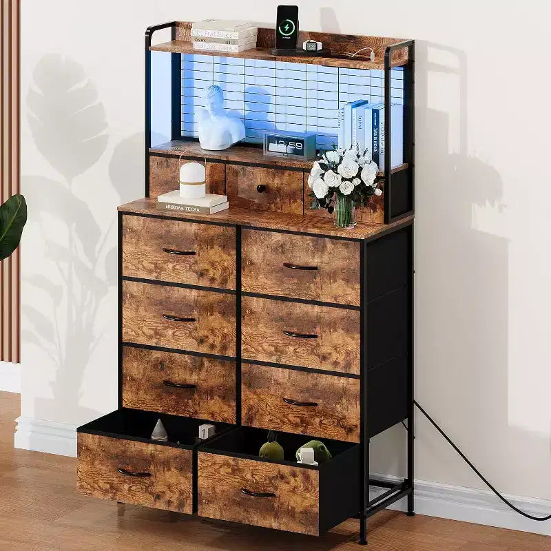 11-Drawer Fabric Dresser with Charging Station and LED Lights