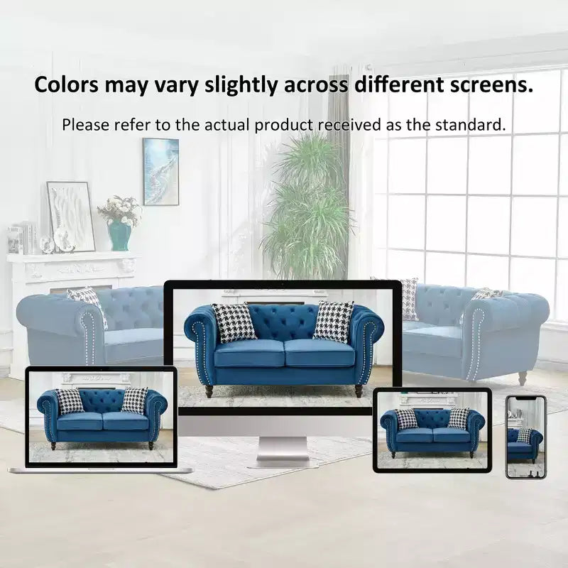 Chesterfield Velvet Upholstered Sofa with Roll Armrest and Nailhead Trim