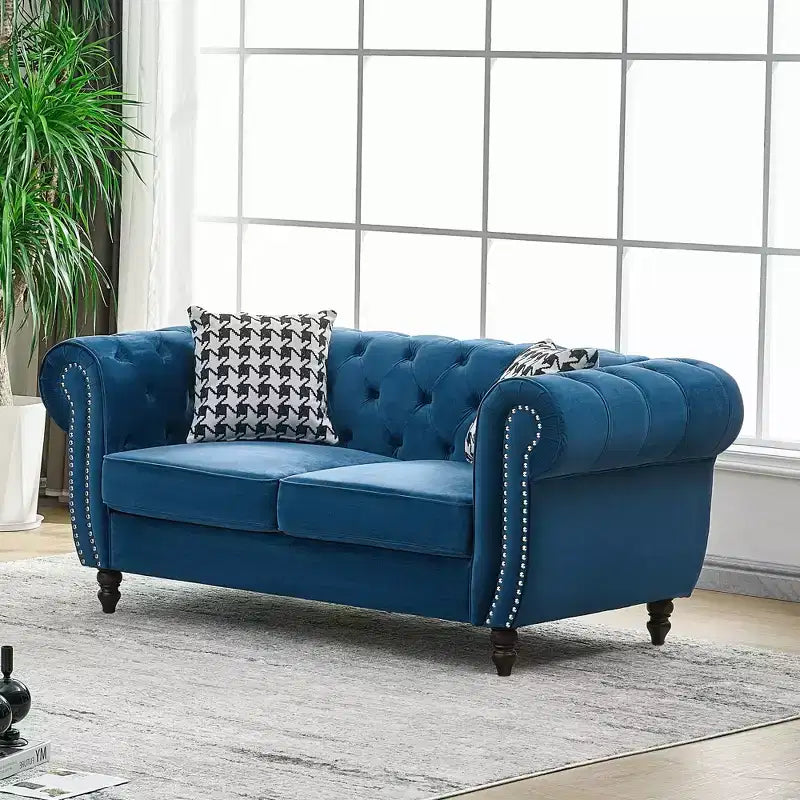 Chesterfield Velvet Upholstered Sofa with Roll Armrest and Nailhead Trim