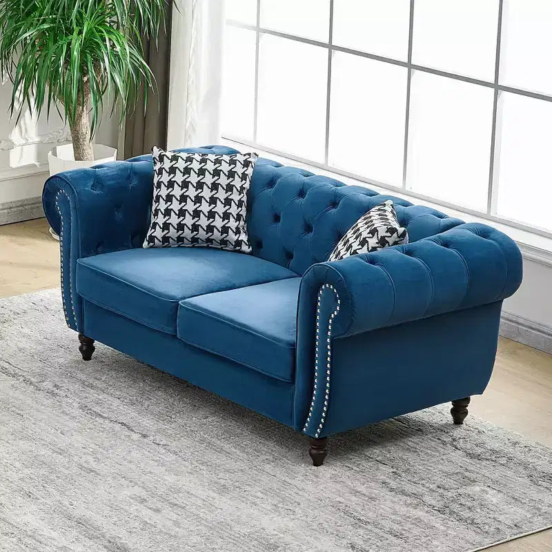 Chesterfield Velvet Upholstered Sofa with Roll Armrest and Nailhead Trim