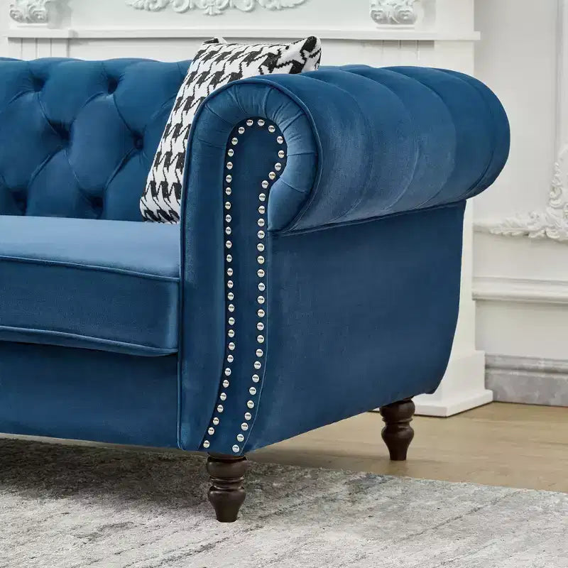 Chesterfield Velvet Upholstered Sofa with Roll Armrest and Nailhead Trim