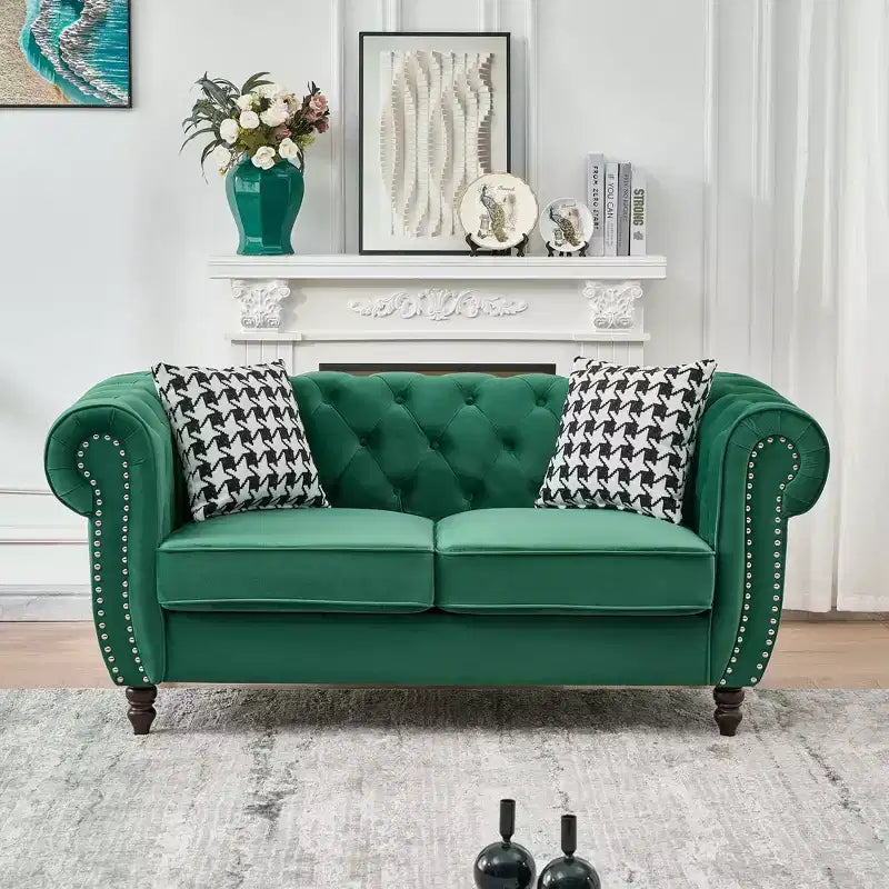 Chesterfield Velvet Upholstered Sofa with Roll Armrest and Nailhead Trim