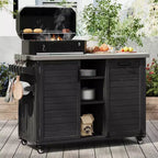 FAMYYT 78.3-Inch Outdoor Kitchen Island with Stainless Steel Countertop, Foldable BBQ Station, and Storage Cabinets, Black