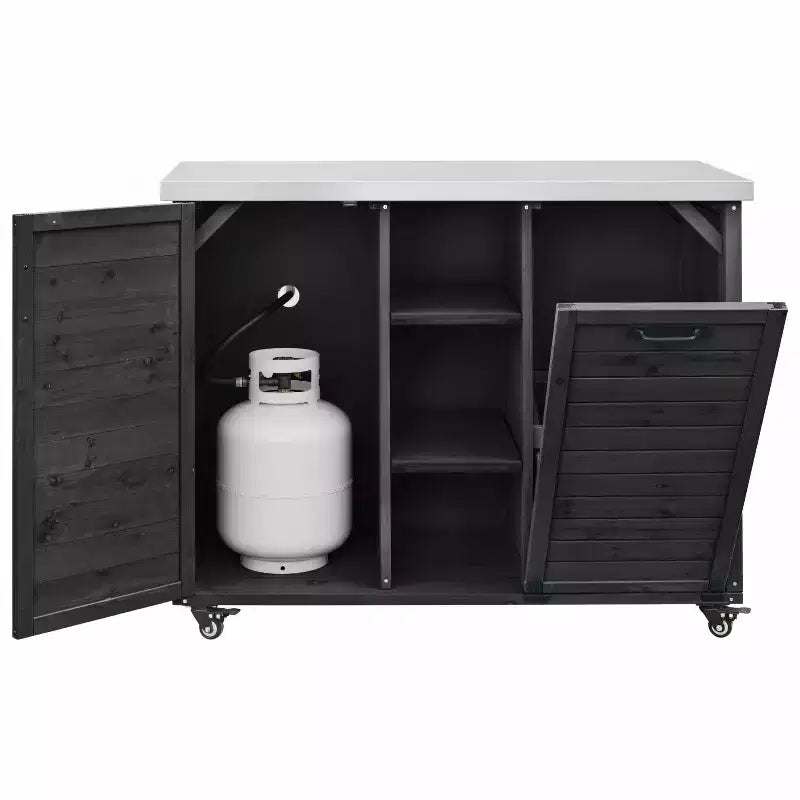 78-Inch Outdoor Kitchen Island with Stainless Steel Countertop, Foldable BBQ Station and Storage Cabinets, Black