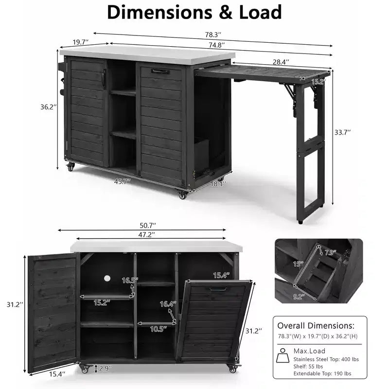 78-Inch Outdoor Kitchen Island with Stainless Steel Countertop, Foldable BBQ Station and Storage Cabinets, Black