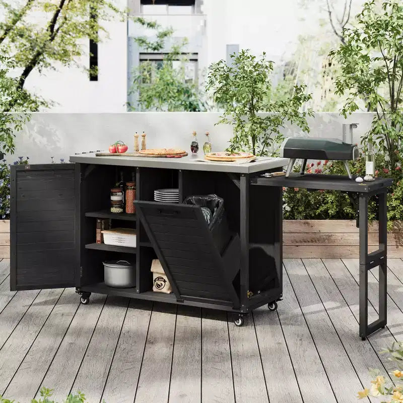 78-Inch Outdoor Kitchen Island with Stainless Steel Countertop, Foldable BBQ Station and Storage Cabinets, Black