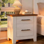 Garvee Nightstand With 2 Drawers, Farmhouse Night Stand With Brown Tabletop, Distressed White , Supports 170 LBS